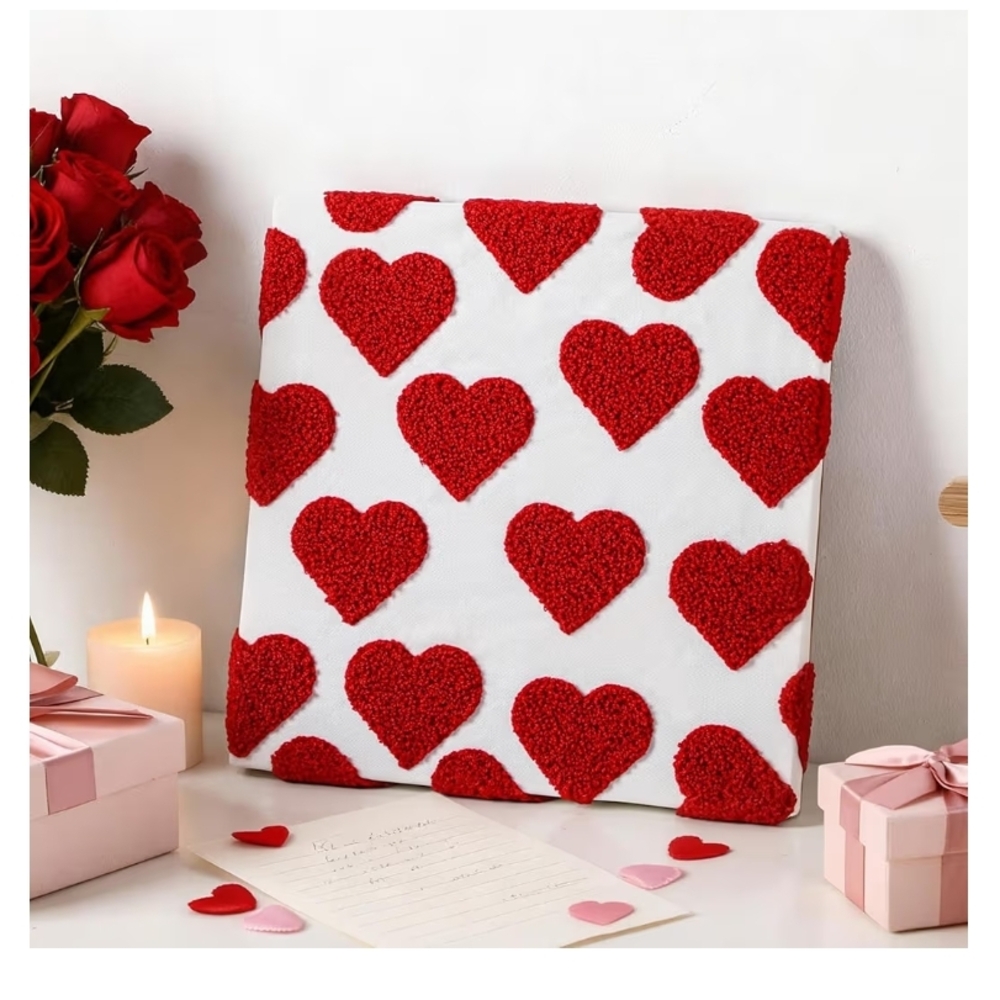 Brand New Set Of 2 3D Tufted Embroidered Heart Framed Decor